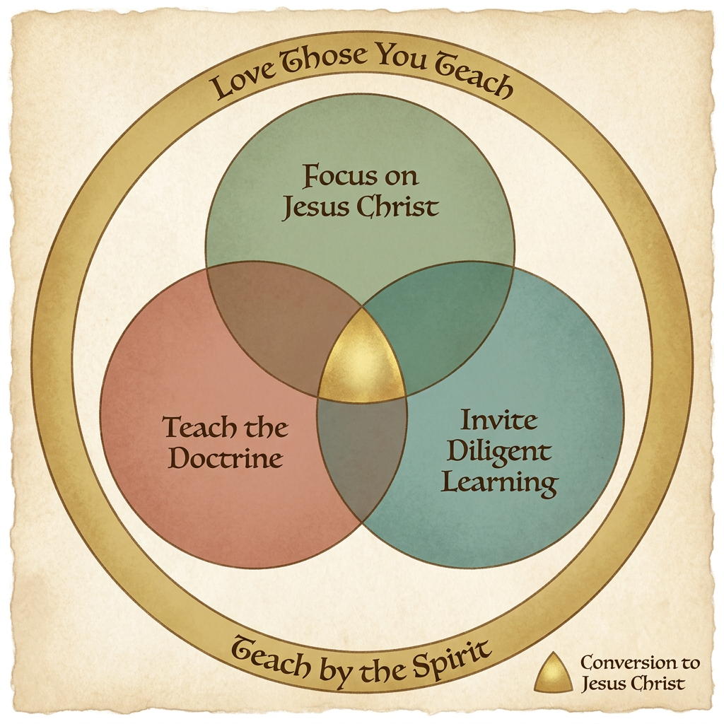 Diagram of the five principles of Christ-like teaching: Love Those You Teach, Teach the Doctrine, Teach by the Spirit, and Invite Diligent Learning, all converging on a focus on Jesus Christ and conversion to Him.